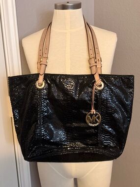 Michael Kors Black Snake-Embossed Tote with Tan Straps